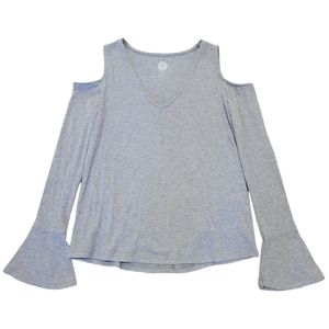 SO Gray Bell Sleeve Shoulder Cut Out Long Sleeve V-Neck